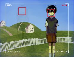  1boy antenna_hair arms_at_sides black_eyes black_hair black_sweater_vest blue_sky brown_shorts closed_mouth collared_shirt commentary day double-parted_bangs english_commentary expressionless fence hair_between_eyes looking_at_viewer male_focus nill omori outdoors picket_fence shirt short_hair short_sleeves shorts sky socks solo something_(omori) sunny_(omori) sweater_vest white_shirt white_socks wooden_fence 