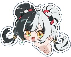  1girl ahoge black_hair blush braid braided_twintails chawarabi chibi chibi_only commentary_request dialyn_(zenless_zone_zero) double_bun earrings fingerprint hair_bun hair_extensions hair_intakes highres jewelry long_hair looking_at_viewer multicolored_hair open_mouth outline pointing pointy_ears ring_hair_extensions simple_background solo sparkling_eyes split-color_hair v-shaped_eyebrows white_background white_hair white_outline yellow_eyes zenless_zone_zero 