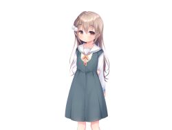  1girl aiyoku_shimai_lolita arm_behind_back atori_(aiyoku_shimai_lolita) blush brown_hair buttons closed_mouth collared_shirt dress feet_out_of_frame game_cg green_dress hair_between_eyes hair_ornament large_variant_set long_hair long_sleeves looking_at_viewer neck_ribbon non-web_source orange_eyes pinafore_dress piyodera_mucha pom_pom_(clothes) pom_pom_hair_ornament ribbon sailor_collar shirt simple_background sleeveless sleeveless_dress solo standing tachi-e transparent_background variant_set white_sailor_collar white_shirt yellow_ribbon 