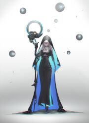  1girl absurdres black_robe cross cross_necklace dress earrings expressionless full_body grey_hair highres holding holding_staff jewelry long_hair looking_at_viewer mecha_musume necklace nun oota_youjo original pink_eyes robe robot solo staff 