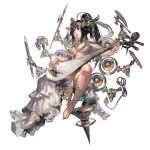  1girl asymmetrical_clothes axe barefoot black_legwear dagger durga full_body headdress highres holding_instrument jewelry long_hair parted_lips ponytail ring simple_background single_shoe solo weapon whip white_background 