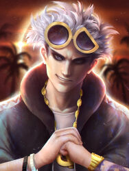  1boy black_hoodie blurry blurry_background bracelet commentary english_commentary eyewear_on_head glass grey_eyes grin guzma_(pokemon) hood hoodie jasqreate jewelry looking_at_viewer lunala outdoors pokemon pokemon_(creature) pokemon_sm reflection short_hair smile solgaleo upper_body watch white_hair 