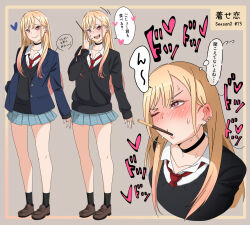  1girl barbell_piercing bikini black_bikini black_cardigan black_skirt black_socks blazer blonde_hair blue_jacket blush cardigan closed_mouth collared_shirt commentary_request copyright_name ear_piercing earrings episode_number food full_body grey_background heart highres jacket jewelry kitagawa_marin kitahara_kiyoshi loafers long_sleeves looking_at_viewer miniskirt multiple_views nail_polish necktie open_mouth paid_reward_available piercing pink_eyes pink_nails pleated_skirt pocky pocky_kiss red_necktie ring school_uniform shirt shoes simple_background skirt smile socks sono_bisque_doll_wa_koi_wo_suru speech_bubble standing swimsuit translation_request white_shirt winter_uniform 