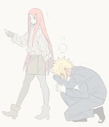  1boy 1girl black_jacket black_pants black_pantyhose black_shoes blonde_hair blue_eyes blush boots clenched_hand couple full_body geonseung green_skirt grey_sweater hair_ornament hairclip heavy_breathing hetero holding_hands jacket long_hair looking_at_another namikaze_minato naruto_(series) on_one_knee open-toe_shoes pants pantyhose parted_lips pointing red_hair shoes short_hair skirt spiky_hair straight_hair sweatdrop sweater swept_bangs turtleneck turtleneck_sweater uzumaki_kushina 