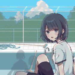  1girl asleep_onthebed black_shorts blue_sky clouds cumulonimbus_cloud day empty_pool fence highres hose open_mouth original outdoors pixel_art pool pool_ladder poolside shadow shirt short_sleeves shorts sitting sky sweat white_shirt 