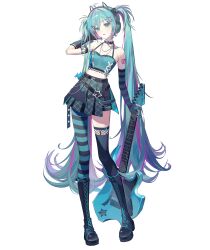 1girl absurdres alternate_costume aqua_eyes aqua_hair arm_tattoo belt black_belt black_boots black_choker blue_tank_top boots chain chain_necklace choker commentary fingerless_gloves full_body gloves guitar hair_between_eyes hair_ornament hairclip hand_up hatsune_miku headphones highres holding holding_guitar holding_instrument instrument jewelry knee_boots long_hair looking_at_viewer multicolored_hair necklace nun_nu open_mouth pantyhose pigeon-toed pleated_skirt simple_background single_leg_pantyhose single_thighhigh skirt solo standing star_(symbol) star_hair_ornament streaked_hair striped_clothes striped_gloves striped_pantyhose symbol-only_commentary tank_top tattoo thigh-highs twintails very_long_hair vocaloid white_background