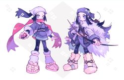  2girls absurdres akari_(pokemon) black_hair black_pantyhose black_sash blue_coat blue_eyes blue_hairband bow_(weapon) brown_sandals coat fuji_den_fujiko full_body fur_coat galaxy_expedition_team_survey_corps_uniform grey_eyes hairband headscarf highres holding holding_poke_ball leg_warmers long_hair looking_at_viewer multiple_girls pantyhose poke_ball pokemon pokemon_legends:_arceus ponytail red_scarf sandals sash scarf sidelocks simple_background standing weapon white_background white_headscarf white_leg_warmers yellow_sash 