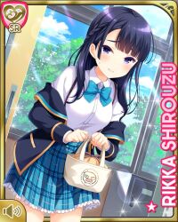  1girl black_eyes black_hair black_socks blue_bow blue_bowtie blue_skirt bow bowtie card_(medium) character_name full_body girlfriend_(kari) jacket loafers looking_at_viewer miniskirt official_art plaid_clothes plaid_skirt pleated_skirt qp:flapper school_uniform shirouzu_rikka shirt shoes skirt smile socks solo standing suspenders undressing white_shirt 