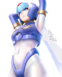  1girl absurdres armor arms_up blue_armor blue_eyes blue_helmet breasts cowboy_shot fairy_leviathan_(mega_man) forehead_jewel helmet highres mega_man_(series) mega_man_zero_(series) meme simple_background solo upward_angle_frieren_drawing_(meme) white_background yozzzeh 