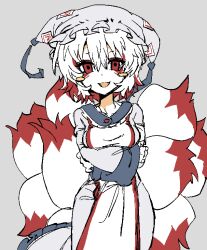  1girl aegyo_sal arms_under_breasts blush_stickers collarbone collared_dress colored_inner_hair commentary crossed_arms dress ear_covers english_commentary feet_out_of_frame flat_color fox_girl fox_tail frilled_dress frilled_headwear frills grey_background grey_dress grey_hat hair_between_eyes happy hat hat_tassel kokum0tsu limited_palette long_dress long_sleeves mob_cap multicolored_hair multiple_tails ofuda ofuda_on_clothes open_mouth red_eyes short_hair simple_background sleeve_cuffs sleeves_past_wrists smile solo standing tabard tail touhou white_hair white_tabard yakumo_ran 