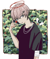  1boy absurdres arm_tattoo bandaged_arm bandages black_hair black_shirt blue_eyes brown_hair chain chain_necklace commentary_request ear_piercing english_commentary gradient_hair hair_ornament hairclip halo heart highres jewelry looking_at_viewer male_focus mixed-language_commentary multicolored_hair necklace niwa281610 original outside_border piercing red_halo shirt solo spike_piercing tattoo wings 