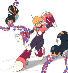  1girl alia_(mega_man) arm_cannon armor black_armor black_bodysuit blonde_hair bodysuit breasts chest_jewel commission full_body highres mega_man_(series) mega_man_x6 mega_man_x_(series) nightmare_virus_(mega_man) one_eye_closed pink_armor simple_background solo_focus surrealmason weapon white_background 