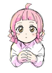  1girl aged_down ball blunt_bangs brown_eyes collared_shirt commentary_request holding holding_ball kishimen_hair long_sleeves love_live! love_live!_nijigasaki_high_school_idol_club love_live!_nijigasaki_high_school_idol_club_the_movie_-_finale medium_hair parted_lips pink_hair shirt short_bangs simple_background solllolll solo tennoji_rina white_background white_shirt wide-eyed 