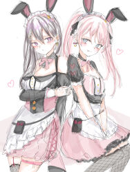  2girls absurdres animal_ears apron bang_dream! bang_dream!_it's_mygo!!!!! black_hair black_thighhighs bow bowtie breasts chihaya_anon closed_mouth commentary detached_sleeves earrings fake_animal_ears flat_chest garter_straps grey_eyes heart highres holding_own_arm jewelry juliet_sleeves latte_bf long_hair long_sleeves looking_at_viewer maid_headdress medium_breasts multiple_girls official_alternate_costume parted_lips pink_bow pink_bowtie pink_hair pink_skirt puffy_short_sleeves puffy_sleeves rabbit_ears shiina_taki short_sleeves skirt thigh-highs thigh_strap tongue tongue_out twintails violet_eyes waist_apron white_apron 