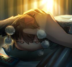  1girl 1other alarm_clock black_wings brown_hair clock commentary_request curtains digital_clock feathered_wings hat highres looking_at_viewer mememaru morning pom_pom_(clothes) red_eyes red_hat shameimaru_aya short_hair solo_focus sunlight tokin_hat touhou wings yukkuri_shiteitte_ne 