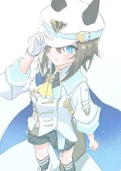  1girl animal_ears blue_eyes blush breasts brown_hair cheval_grand_(grand_itineraire)_(umamusume) cheval_grand_(umamusume) ear_covers ears_through_headwear hair_between_eyes hakugitsu hat hat_belt highres horse_ears horse_girl horse_tail looking_at_viewer multicolored_hair peaked_cap simple_background single_ear_cover solo streaked_hair tail umamusume white_background white_hair white_hat 