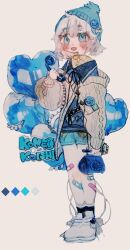  1girl alternate_costume bag balloon beanie blue_eyes blue_hat blue_shirt blue_shorts character_name commentary_request full_body grey_hair grey_sweater handbag hat heart_balloon highres holding holding_bag holding_phone komeiji_koishi looking_at_viewer open_mouth phone shinjitsu_no_kuchi shirt shoes short_hair shorts simple_background smile solo standing sweater touhou white_background white_shoes 