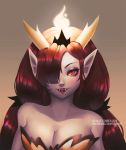  1girl bare_shoulders breasts cleavage demon_girl fangs fire flame hair_ornament hair_over_one_eye hair_ribbon hekapoo horns large_breasts light_blush long_hair looking_at_viewer mary_montes orange_eyes pointy_ears redhead ribbon smile solo star_vs_the_forces_of_evil strapless watermark web_address 