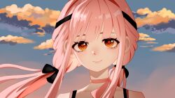  1girl bare_shoulders black_bow black_ribbon blue_sky blunt_bangs bow bow_choker bowtie bra_strap brown_eyes chinese_commentary choker closed_mouth clouds collarbone commentary_request dot_nose eyelashes floating_hair hair_bow hair_intakes hair_ribbon happy infinity_nikki light_blush lips long_hair long_sidelocks looking_at_viewer nikki_(nikki) nikki_(series) orange_pupils outdoors perfect_start_(infinity_nikki) pink_bow pink_bowtie pink_choker pink_hair pink_lips ribbon sidelocks sky smile solo sunset tress_ribbon upper_body very_long_hair wavy_hair wind yeqi_buziqi 