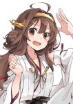  1girl :d ahoge bare_shoulders brown_eyes brown_hair detached_sleeves double_bun hairband headgear japanese_clothes kantai_collection kongou_(kantai_collection) long_hair nerokuro nontraditional_miko open_mouth ribbon-trimmed_sleeves ribbon_trim simple_background smile solo white_background wide_sleeves 