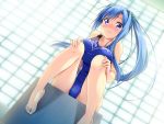  1girl blue_hair blush breasts large_breasts long_hair looking_at_viewer ponytail sitting solo swimsuit tagme violet_eyes 