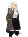  1girl 2017 arm_at_side bangs black_legwear black_skirt blonde_hair blue_eyes breasts brown_coat coat cowboy_shot cropped_legs dated drawstring eyebrows_visible_through_hair hand_in_pocket hooded_coat lips long_hair long_sleeves looking_at_viewer medium_breasts miniskirt nose open_clothes open_coat original parted_lips pencil_skirt pink_lips ribbed_shirt shirt simple_background skirt smile solo standing takssmask thigh-highs turtleneck white_background white_shirt zettai_ryouiki 