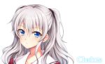  1girl blue_eyes charlotte_(anime) collarbone commentary_request copyright_name highres koyoka long_hair looking_at_viewer school_uniform serafuku silver_hair simple_background solo tomori_nao two_side_up white_background 