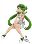  1girl apron bangs bare_shoulders blush closed_mouth collarbone dark_skin flower flower_on_head full_body green_eyes green_hair hair_flower hair_ornament hanauna highres knees_together_feet_apart legs lips looking_at_viewer mallow_(pokemon) no_socks pink_lips pink_shirt pokemon pokemon_(game) pokemon_sm shiny shiny_skin shirt shoes signature simple_background sitting sleeveless sleeveless_shirt smile solo swept_bangs trial_captain twintails white_background 