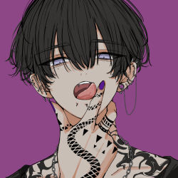  1boy absurdres arm_tattoo black_hair black_shirt chain chain_necklace collarbone commentary ear_piercing english_commentary finger_tattoo fingernails highres jewelry looking_at_viewer male_focus nail_polish necklace niwa281610 original piercing purple_background purple_nails shirt short_hair solo tattoo teeth tongue upper_teeth_only violet_eyes 