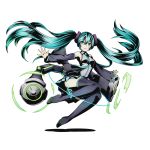  1girl absurdly_long_hair aqua_eyes aqua_hair aqua_necktie bare_shoulders black_boots black_skirt boots detached_sleeves divine_gate floating_hair full_body grey_shirt hair_between_eyes hair_ornament hatsune_miku jumping long_hair necktie official_art outstretched_arms pleated_skirt shadow shirt skirt sleeveless sleeveless_shirt smile solo thigh-highs thigh_boots transparent_background twintails ucmm very_long_hair vocaloid zettai_ryouiki 