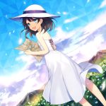  1girl absurdres achiki album_cover bangs bare_shoulders black_hair blue_eyes blue_sky clouds cloudy_sky cover dress field flower flower_field from_behind grass hat highres holding looking_at_viewer looking_back map open_mouth original outdoors sky smile solo standing sun_hat sundress white_dress white_flower white_hat 