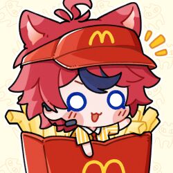  1boy :3 absurdres ahoge alternate_costume animal_ear_fluff animal_ears black_hair blush_stickers cat_ears chibi chibi_only chinese_commentary collared_shirt commentary_request employee_uniform fast_food_uniform food french_fries hand_up highres kemonomimi_mode male_focus mcdonald's meihuajiangle microphone multicolored_hair necktie notice_lines o_o open_mouth red_hair red_necktie shirt short_hair short_sleeves smile solo streaked_hair striped_clothes striped_shirt sumino_takumi the_hundred_line_-last_defense_academy- two-tone_hair visor_cap yellow_background yellow_shirt 