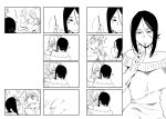  2girls bare_shoulders blush collarbone comic earrings food jewelry licking_lips monochrome multiple_girls original orita_(knightfever) pocky pocky_kiss shared_food short_hair sweat sweater tongue tongue_out translation_request yuri 