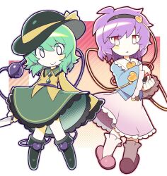  2girls ankle_socks aqua_hair bags_under_eyes black_boots black_hairband black_hat blue_outline blue_shirt blush_stickers boots buttons circle_skirt closed_mouth collared_shirt commentary diamond_button english_commentary eyes_visible_through_hair frilled_shirt_collar frilled_skirt frilled_sleeves frills full_body green_skirt hair_between_eyes hair_ornament hairband halftone hat hat_ribbon heart heart_button heart_hair_ornament holding kokum0tsu komeiji_koishi komeiji_satori long_sleeves medium_hair medium_skirt messy_hair multiple_girls orange_background orange_outline outline parted_lips pink_eyes pink_hair pink_skirt pink_slippers pleated_skirt ribbon shirt short_hair siblings single_blush_sticker sisters skirt sleeves_past_fingers sleeves_past_wrists slippers smile socks standing striped_background tareme third_eye touhou two-tone_background white_background white_eyes white_socks wide_sleeves yellow_ribbon yellow_shirt 