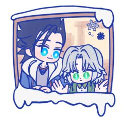  105zz 2boys :3 black_hair blue_eyes blue_jacket bow bowtie chibi chibi_only final_fantasy final_fantasy_vii final_fantasy_vii:_ever_crisis green_eyes green_jacket grey_bow grey_bowtie grey_hair grey_shirt hair_slicked_back hood hood_down hooded_jacket jacket looking_outside male_focus medium_hair multiple_boys parted_bangs sephiroth sephiroth_(ever_crisis) shirt short_hair slit_pupils snow snowflakes upper_body window zack_fair 