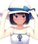  1girl 3: achiki bangs bare_arms bare_shoulders black_hair blush collarbone dress eyebrows_visible_through_hair hands_on_headwear hat highres looking_at_viewer original short_hair simple_background sleeveless sleeveless_dress solo sun_hat sundress upper_body violet_eyes white_background 