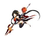  1girl ara_han asymmetrical_legwear black_boots black_gloves black_hair boots brown_eyes detached_sleeves dress elsword full_body gloves holding holding_weapon long_hair magic official_art polearm solo thigh-highs thigh_boots transparent_background weapon yama_raja_(elsword) 