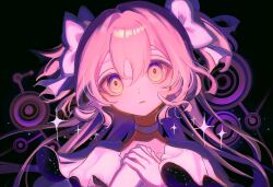  1girl bow choker goddess_madoka hair_bow highres kaname_madoka long_hair looking_at_viewer mahou_shoujo_madoka_magica momosu_momo own_hands_together parted_lips pink_hair portrait solo two_side_up white_choker yellow_eyes 