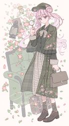  1girl absurdres alternate_costume black_shirt black_shoes bow bowtie briefcase buttons chadian_kashi chair cherry_blossoms chinese_commentary closed_mouth coat collared_shirt commentary_request commission detective double_bun expressionless floral_print frills full_body green_coat green_hat grey_socks hair_bun hat highres holding holding_briefcase holding_magnifying_glass lantern lapels loafers long_hair magnifying_glass notched_lapels open_clothes open_coat pink_hair plaid_bow plaid_bowtie plaid_clothes plaid_coat plaid_hat plaid_skirt pocket_watch ribbed_socks shirt shoes single_sidelock skirt socks solo suitcase the_hundred_line_-last_defense_academy- tsukumo_kako twintails violet_eyes watch watermark white_bow white_bowtie white_skirt 