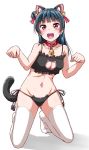  1girl :d animal_ears bangs bell bell_collar black_bra black_panties blue_hair blush bra breasts cat_cutout cat_ear_panties cat_ears cat_lingerie cat_tail cleavage cleavage_cutout collar commentary_request frilled_bra frills hair_bell hair_ornament highres jingle_bell kneeling lingerie long_hair love_live! love_live!_sunshine!! meme_attire midriff navel no_shoes open_mouth panties paw_pose side-tie_panties side_bun smile solo tail thigh-highs tsushima_yoshiko underwear violet_eyes white_background white_legwear yopparai_oni 