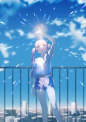  1girl :o achiki arm_up bangs blue_eyes blue_sky blurry clouds cloudy_sky day depth_of_field holding long_hair looking_up open_mouth original outdoors pink_hair railing rooftop shirt short_sleeves shorts sky solo standing t-shirt twintails wavy_hair white_shirt 