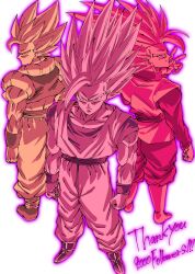  3boys back-to-back breasts clenched_hands cropped_vest dougi dragon_ball dragon_ball:_sparking! dragon_ball_super gogeta gohan_beast gohan_black goku_black group_picture highres long_hair male_focus medium_breasts metamoran_vest milestone_celebration multiple_boys muscular muscular_male no_shirt pants pink_theme rz28kp sash shirt simple_background son_gohan spiky_hair super_saiyan vest white_background 
