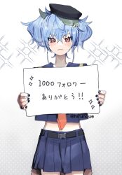  1girl black_nails blue_hair blue_serafuku blurry blush commentary_request cowboy_shot hat high-low_skirt highres horns midriff milestone_celebration orange_eyes original peaked_cap pierced_hat pleated_skirt school_uniform serafuku single_horn skirt sleeves_past_wrists solo soyaka sparkle translation_request twintails twitter_username 