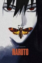 1boy bug character_name covered_mouth film_grain hngbo652804 male_focus moth naruto_(series) naruto_shippuuden parody poster_parody red_eyes sharingan solo the_silence_of_the_lambs uchiha_sasuke 