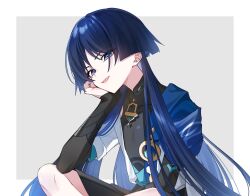  1boy alternate_hair_length alternate_hairstyle arm_on_thigh armor black_bodysuit black_bridal_gauntlets black_shorts blue_cape blue_eyes blue_gemstone blue_hair blue_kimono blue_sleeves blunt_ends bodysuit border bridal_gauntlets cape covered_collarbone elbow_on_thigh eyelashes eyeliner eyeshadow feathers gem genshin_impact gold grey_background hand_on_own_face hand_up head_rest head_tilt highres japanese_armor japanese_clothes juban kimono kote kurokote layered_sleeves long_hair looking_at_viewer makeup male_focus mandarin_collar open_clothes open_kimono open_mouth pom_pom_(clothes) red_eyeliner red_eyeshadow scaramouche_(genshin_impact) short_sleeves shorts shoulder_peek sitting solo takura_0103 tsurime wanderer_(genshin_impact) white_border white_kimono white_sleeves white_trim wispy_bangs yellow_feathers 