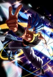  1boy absurdres black_background black_vest blue_eyes blue_hair blue_sash clenched_hand closed_mouth commentary cropped_vest dragon_ball dragon_ball_super dragon_ball_super_broly english_commentary full_body gekiroo glowing gogeta highres male_focus medium_hair metamoran_vest muscular muscular_male no_shirt outstretched_arm pants pointing sash signature smile solo spiky_hair super_saiyan super_saiyan_blue vest white_pants 