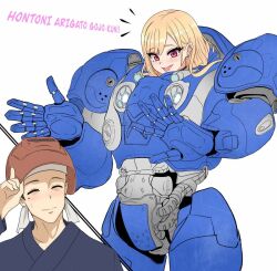  1boy 1girl :d artist_request bad_id bad_pixiv_id blonde_hair ear_piercing earrings fang gojou_wakana jewelry kitagawa_marin light_smile mole mole_under_eye notice_lines piercing smile sono_bisque_doll_wa_koi_wo_suru starcraft terran welding_mask 