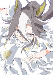  1girl animal_ears blue_eyes closed_mouth dream_journey_(snow-white_dreamland)_(umamusume) dream_journey_(umamusume) dress glasses hair_between_eyes hair_bun highres horse_ears horse_girl long_hair long_sleeves multicolored_hair official_alternate_costume running simple_background smile solo umamusume white_background white_dress white_hair zukki_(bijitaru) 