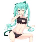  1girl aqua_hair bell bell_collar blush breasts cat_lingerie cat_tail cleavage cleavage_cutout collar finger_to_mouth hatsune_miku highres kaerunoko long_hair looking_at_viewer meme_attire navel one_eye_closed sitting solo tail tongue tongue_out twintails very_long_hair violet_eyes vocaloid 