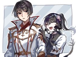  1boy 1other armor asahi_sas_brutus au_ra black_hair black_horns black_scales black_tail bowl_cut commission commissioner_upload dragon_horns final_fantasy final_fantasy_xiv flower gloves hair_flower hair_ornament high_ponytail highres horns hyur izumi_tol_amulius japanese_armor japanese_clothes kimono long_hair makeup open_mouth original ponytail scales short_hair simple_background skeb_commission smile suiso_sui tail warrior_of_light_(ff14) yukata 